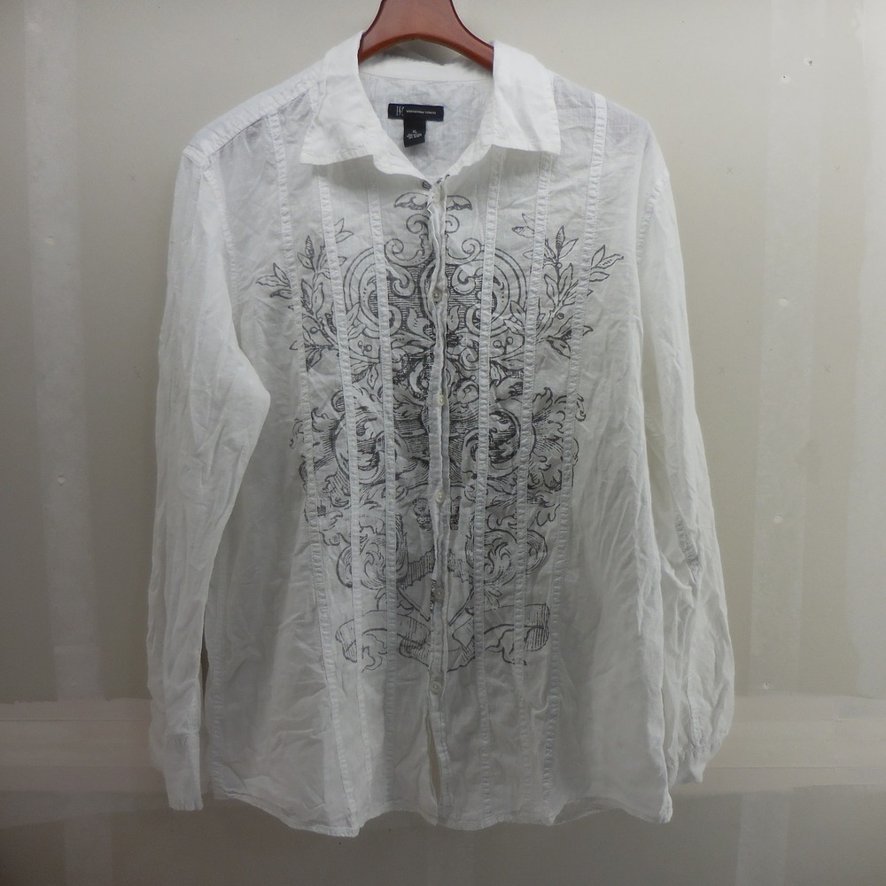 INC International Concepts Mens XL White Cotton Graphic Pintuck Button Up Shirt